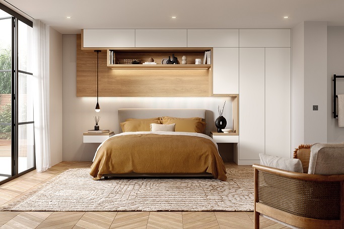 Beautifully crafted bedroom with built-in wardrobes and storage.
