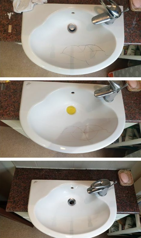 Cracked enamel sink before, during, and after cosmetic repair.